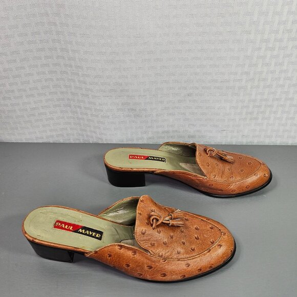 Vintage Paul Mayer Tan Ostrich Leather Low Heel Tassel Mules Size 7 - Picture 5 of 12
